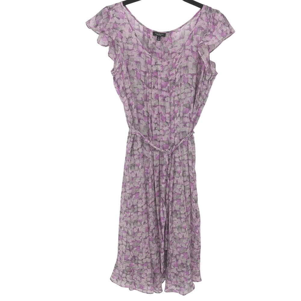 Talbots Silk Dress Womens 4 Purple Floral Flutter Sleeve Pleated Lined‎ Spring